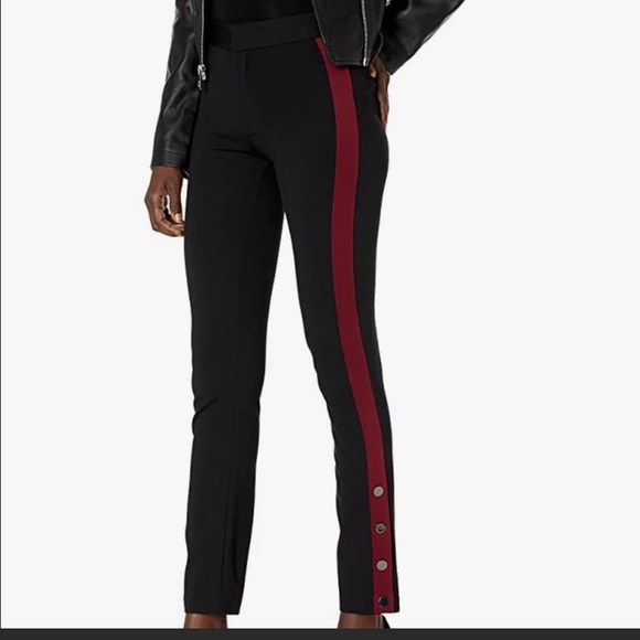 PAIGE Asha Black Maroon Side Tuxedo Stripe Ankle Buttons Pants Size 27 - Picture 2 of 9